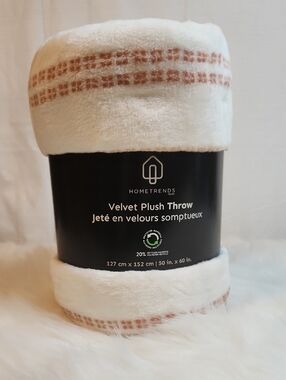 Velvet Plush Throw Blanket in Cream with Tan Accents